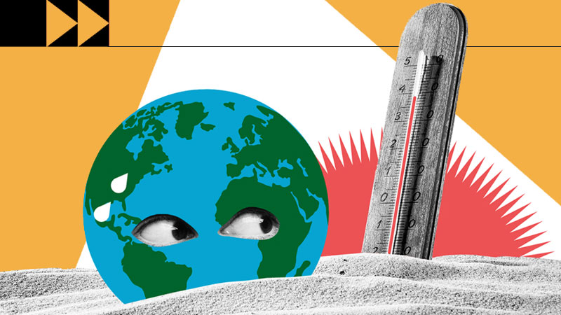 Fotocomposición: el globo terráqueo dibujado como un dibujo animado, con dos ojos que miran a un termómetro