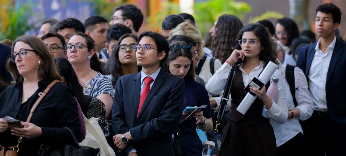 Participants wait outside the General Assembly Hall at UN Headquarters during the first Summit of the Future Action Day.