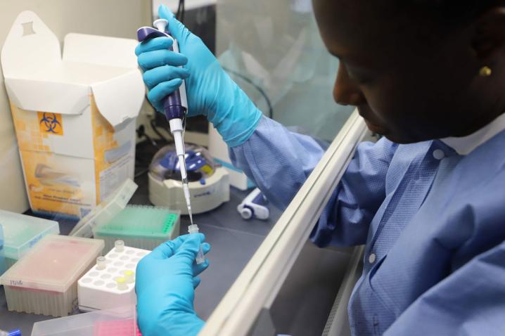 A training session on coronavirus testing takes place at the Best-dos Santos Public Health Laboratory in Barbados.