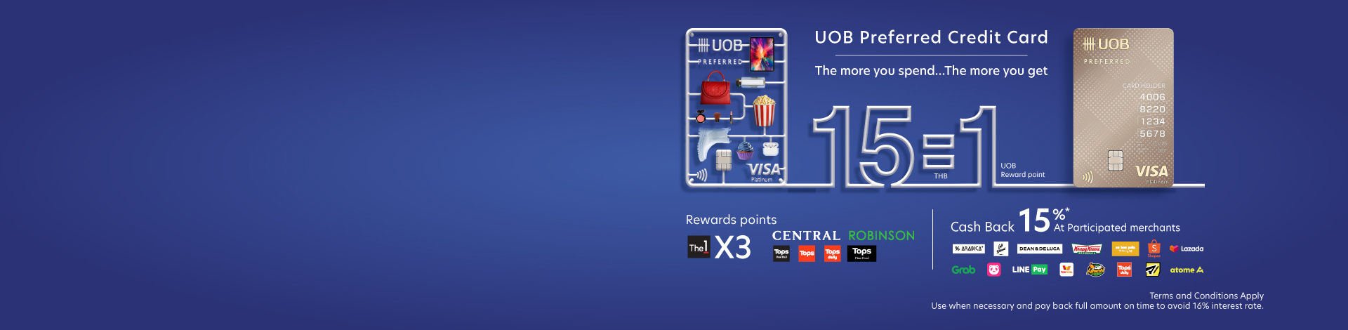 Banner showing UOB Preferred Credit Card 15 THB spend  = 1 Reward Point, 15% cashback at 15 merchants