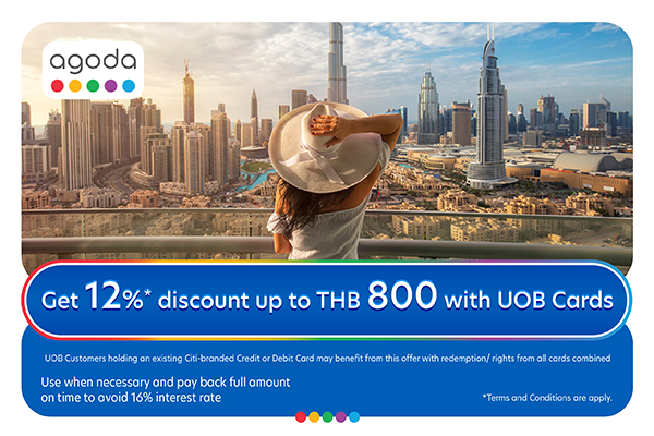 Get 12% discount up to THB 800 with UOB Cards when booking participating worldwide hotels via Agoda