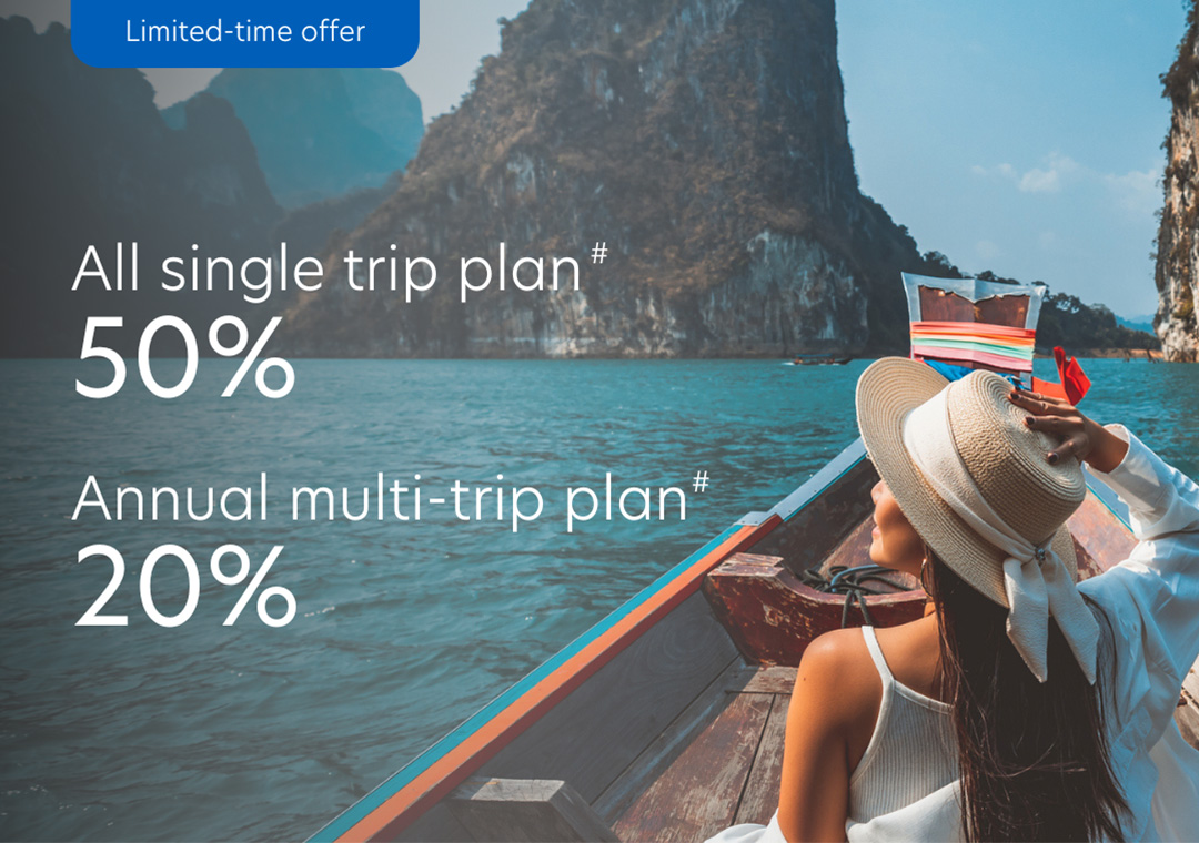 50% off Single Trip Travel Insurance Plans