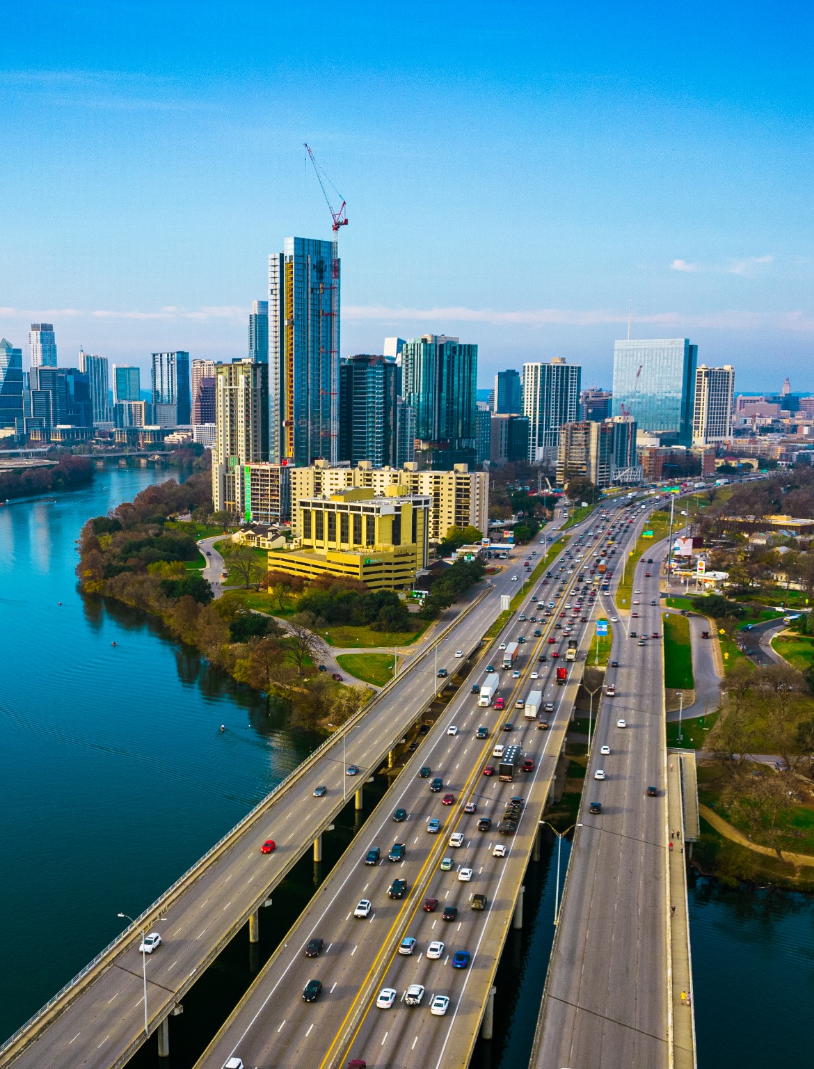 Buildings in downtown Austin Texas along Lady Bird Lake