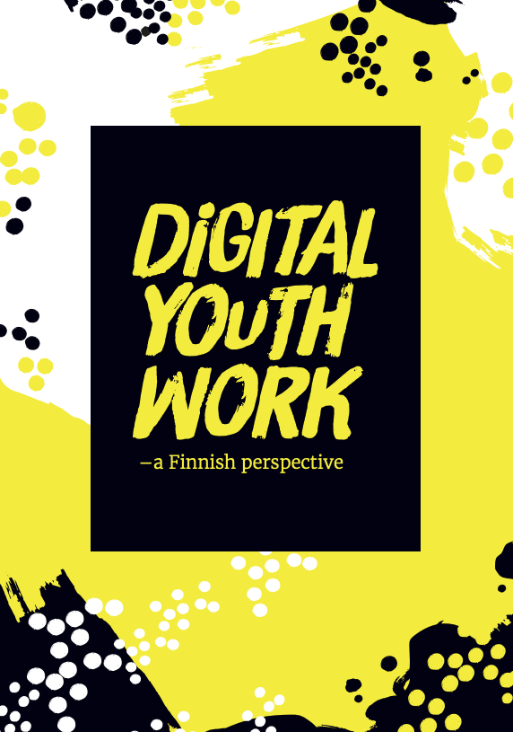 Yellow and white background and a black box with the text "Digital youth work - a Finnish perspective"