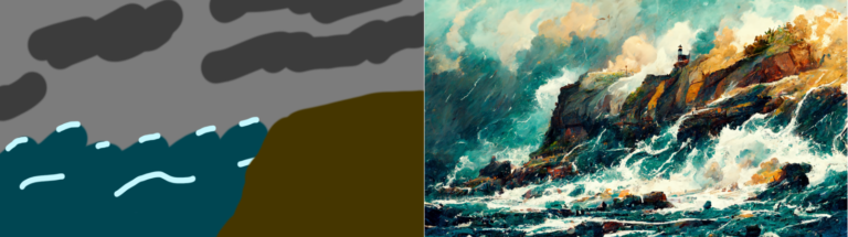 A crude sketch on the left and a detailed AI-generated painting on the right of cliffs and waves