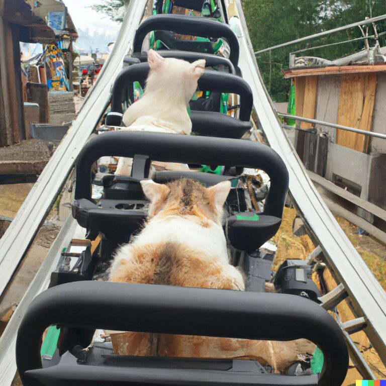 An AI-generated image of cats riding a rollercoaster