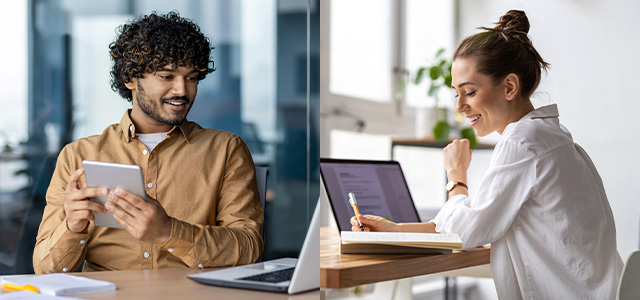 duas pessoas,  uma em casa e no escritório