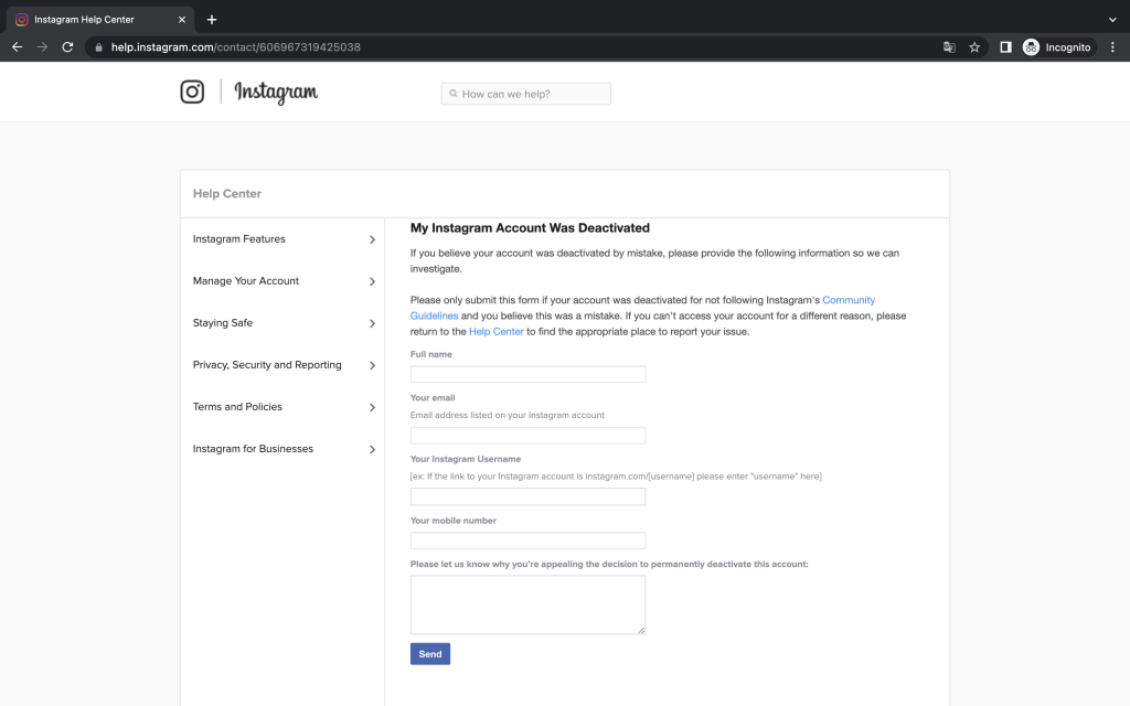 Instagram account deleted during a hack