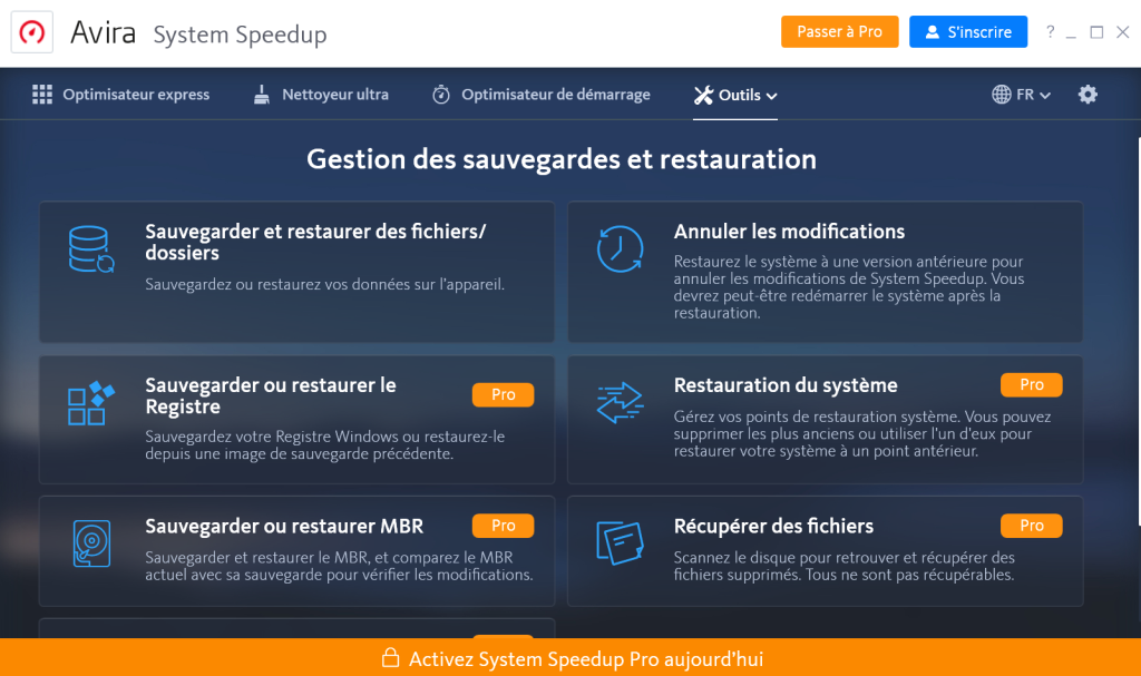 Avira System Speedup crée une sauvegarde.