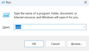 Start the Run dialog in Windows and enter the command cmd 