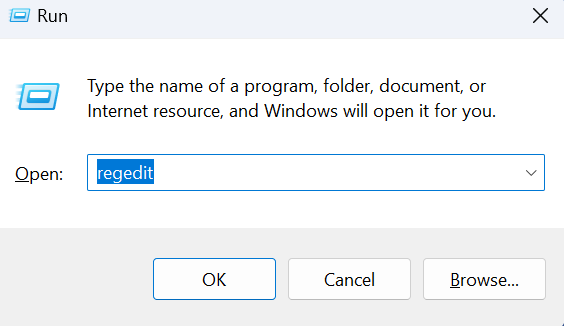 Start the Run dialog and enter the command regedit