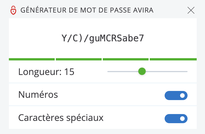 Avira Password Manager, générateur de mots de passe créant un mot de passe. La longueur a été définie sur 18 et les options de chiffres et caractères spéciaux ont été activées. 