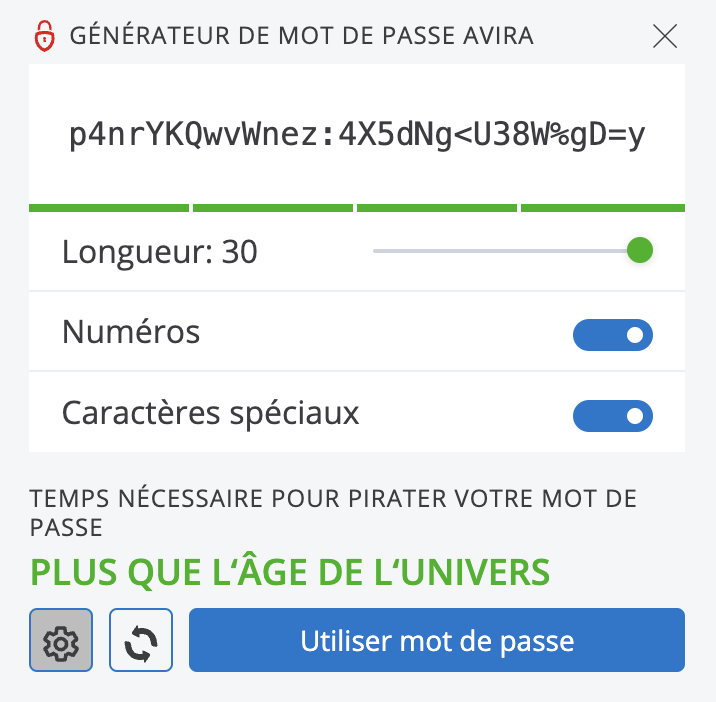 Avira Password Manager teste la force d’un mot de passe de 30 caractères. Verdict : Il affirme qu’il faudrait plus de temps que l’âge de l’univers pour le déchiffrer. 