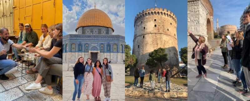 Semester in Jerusalem students being served Turkish coffee. Students in front of the Dome of the Rock. Students looking at medieval tower. Students listening to tour guide teaching.