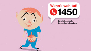 Kind hlt sich den Bauch, daneben Sprechblase mit Text: Wenn's weh tut! Telefon 1450