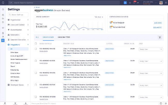 Assigning expenses and getting an overview on the spending - Amazon Business integration - Zoho Expense