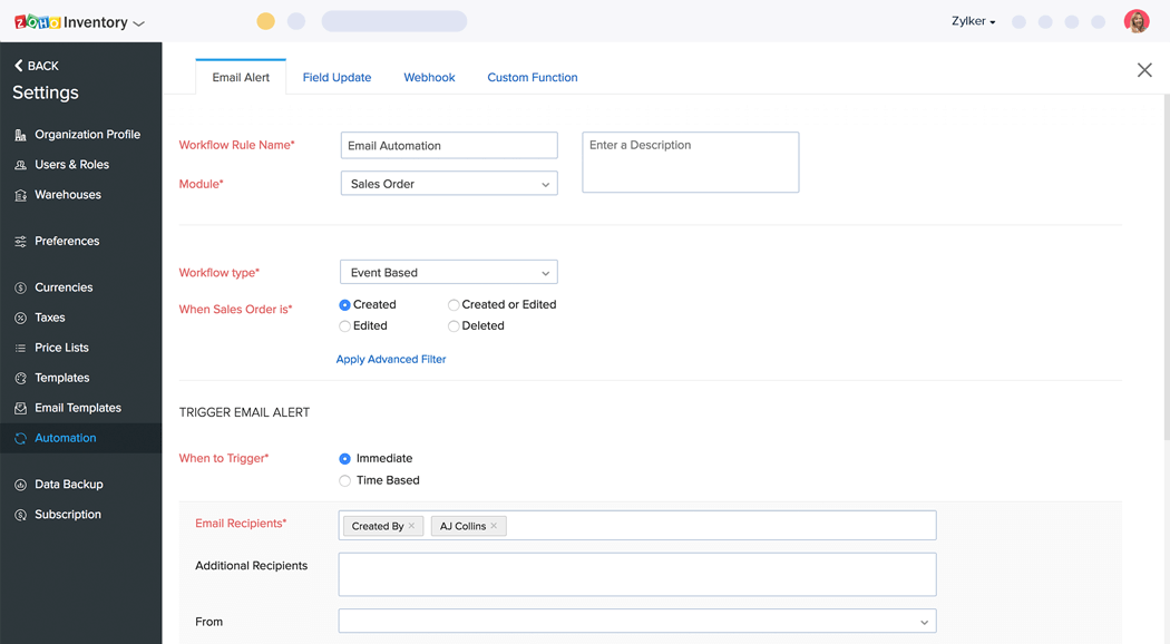 Email and field customization - Zoho Inventory