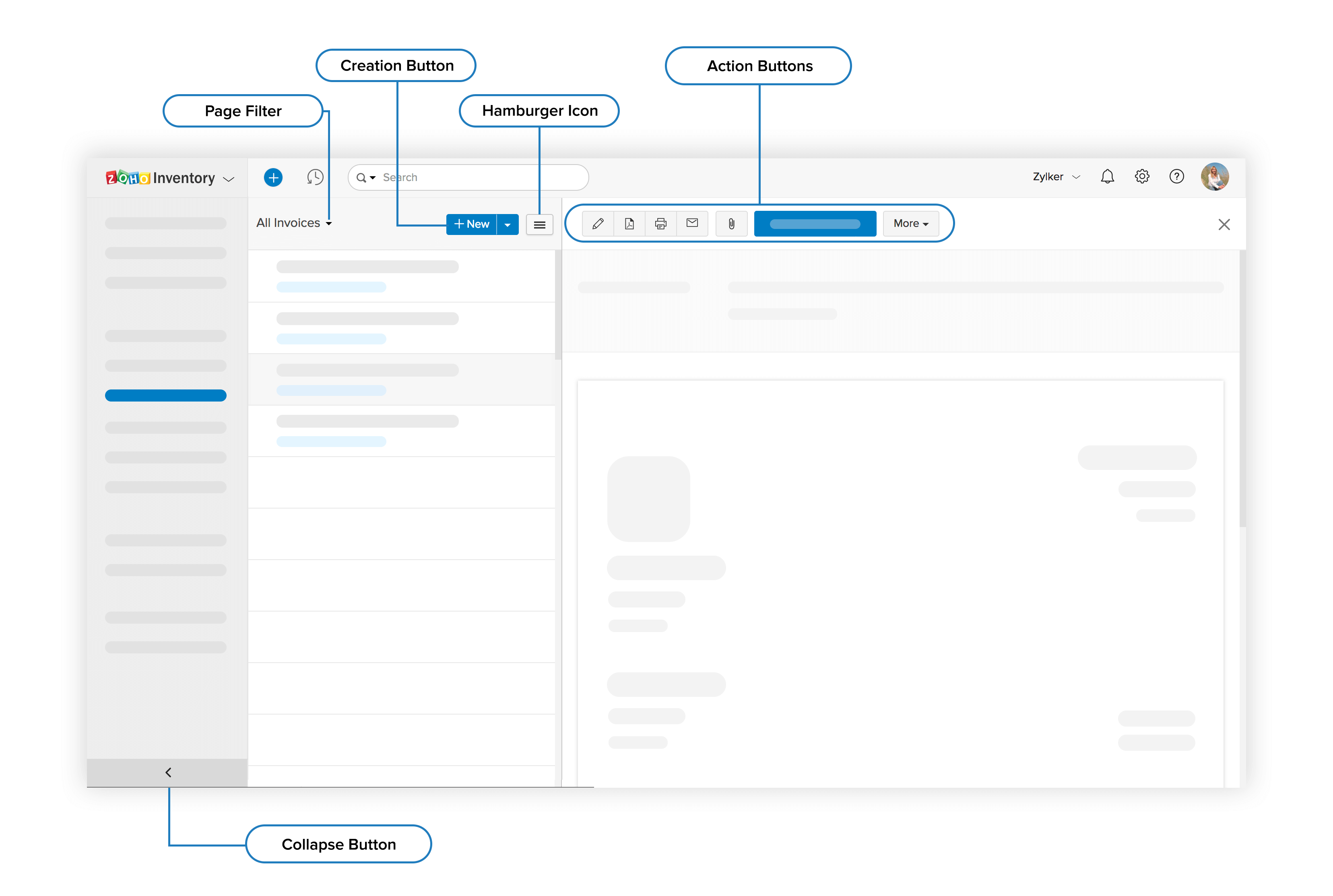 Navigating in a Module in Zoho Inventory