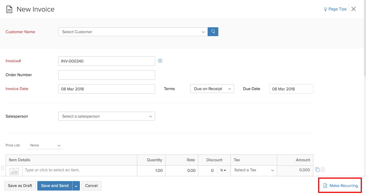 New Recurring Invoice form