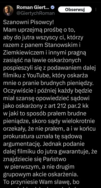 wytropek - Giertych grozi na X, że jak ktoś poda dalej filmik Stanowskiego, to go poz...