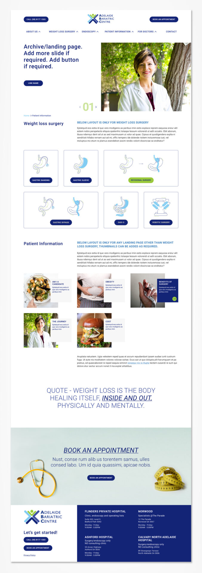 Adelaide Bariatric Centre website redesign, website wireframe and high fidelity prototype.