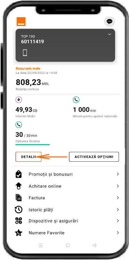 detalii despre starea contului Orange in aaplicatia My Orange