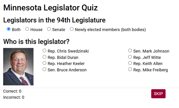 Image of a legislator and a list of names to select from for the Legislator Quiz.