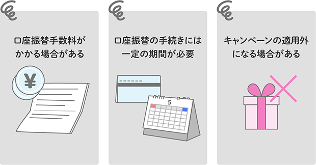 口座振替手数料がかかる場合がある 口座振替の手続きには一定の期間が必要 キャンペーンの適用外になる場合がある